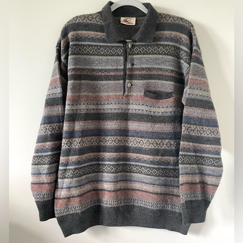 Vintage 90s Italian Knit Sweater - Button Down Collar - Retro -Grey MultiColor🇮🇹
